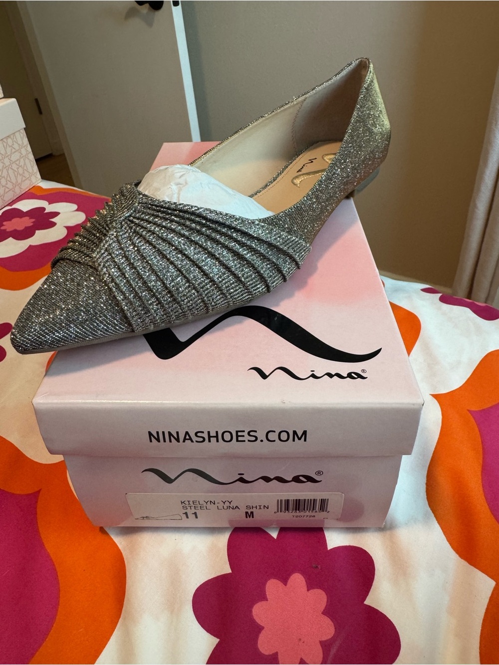 Nina Silver Pointed-Toe Flat with Pleated Detail